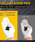 Comparison of M6 Hardware Kit 240 Pieces Built Tough Alloy Steel displayed in gloved hands, highlighting cleanliness and variety.