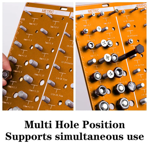 Dual SAE And Metric Nut And Bolt Thread Gauge Set For Quick No Fuss Precision Identification Of 22 Standard Threads And 24 Metric Threads With Eight Drill Bit Gauges. Close-up view showing thread sizes and drill bit gauges on metric and SAE gauge plate.