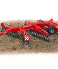 Disc Harrow Tractor Attachment 1:16 Scale Red Farm Equipment Toy on dirt surface showing 54 spinning discs and foldable frame