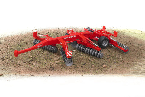 Disc Harrow Tractor Attachment 1:16 Scale Red Farm Equipment Toy on dirt surface showing 54 spinning discs and foldable frame