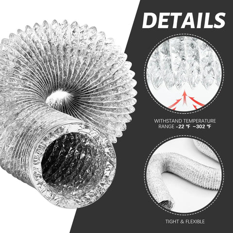 4 Inch By 12 Foot Flexible Aluminum Foil Dryer Vent Hose Kit With Stainless Steel Clamps And Aluminum Tape For Dryer Exhaust Ducting HVAC Venting Heating And Cooling Systems, showing close-up of flexible hose with temperature range details and texture.