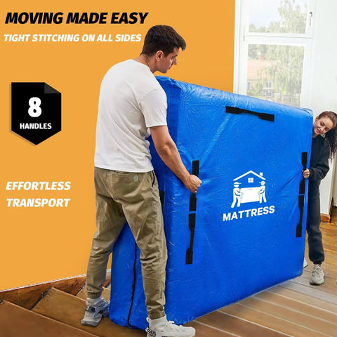 Mattress Bags For Moving And Storage Water Resistant Protector Cover For Queen Size Beds, blue bag with eight handles, moving scene