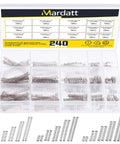 Mardatt 240-piece stainless steel compression springs set in case, 15 sizes, 4–6 mm OD, 10–50 mm length, 0.3–0.5 mm wire.