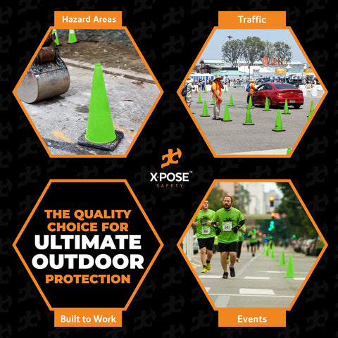 28 Inch Lime Green Traffic Cone 6 Pack Heavy Duty PVC Safety Cone For Parking Lots Construction Zones Road Crews And Emergency Vehicles DOT Approved displayed in various settings