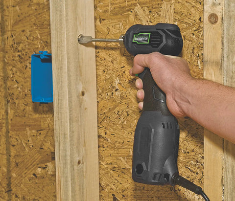 Close Quarter Drill With Non Slip Grip 3.5 Amp Motor Variable Speed 0 To 1600 RPM Three Eighths Inch Chuck Compact Head for Tight Spaces in use