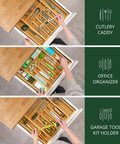 No Drama Heavy Duty Bamboo Kitchen Drawer Organizer And Wide Cutlery Tray For Killer Silverware Storage With Expandable Dividers and Deep Slots Made Tough For Daily Kitchen Use Solid Game Changer Pick in use with cutlery, office supplies, and garage tools.
