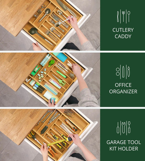No Drama Heavy Duty Bamboo Kitchen Drawer Organizer And Wide Cutlery Tray For Killer Silverware Storage With Expandable Dividers and Deep Slots Made Tough For Daily Kitchen Use Solid Game Changer Pick in use with cutlery, office supplies, and garage tools.