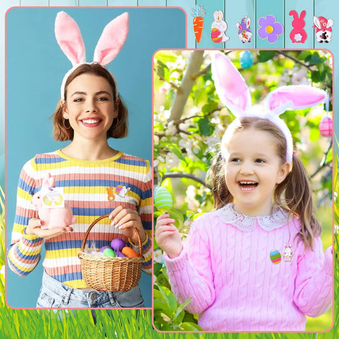 Grab These Fresh Forty Piece Easter Enamel Pins Bulk Collection Featuring Super Cute Spring Brooches With Classic Bunny Egg Carrot Designs used by woman and girl in festive outfits.
