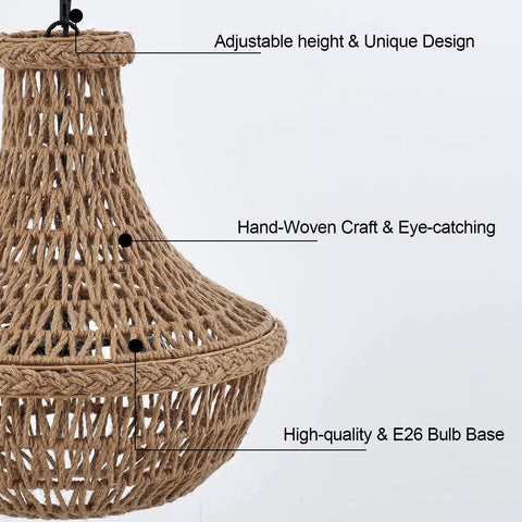 Rustic Hemp Rope Pendant Light With Handwoven Shade close-up showing handwoven detail and adjustable height. E26 bulb base visible.