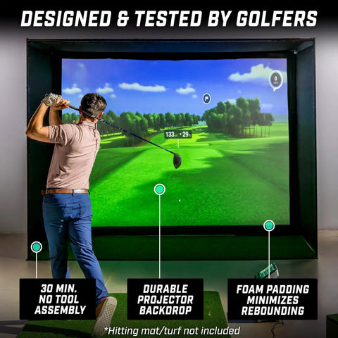 Golfer using 10 By 8 Foot Golf Simulator Enclosure Net With Frame And HD Impact Screen Kit, designed and tested by golfers.