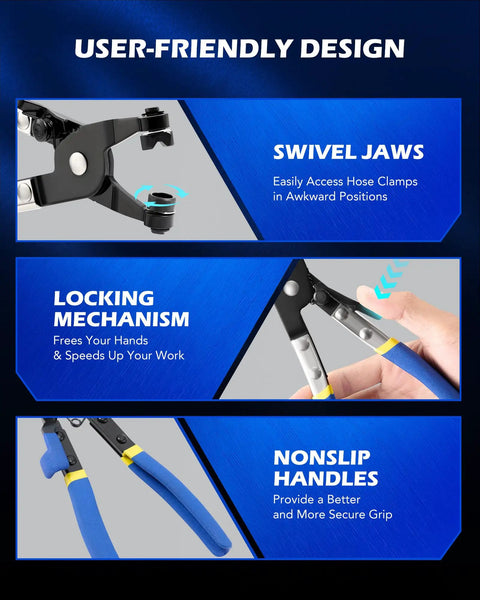 9 Piece Hose Clamp Pliers Set for Automotive Fuel Oil and Water Hoses With Long Reach Clic R Type Swivel Jaw design features