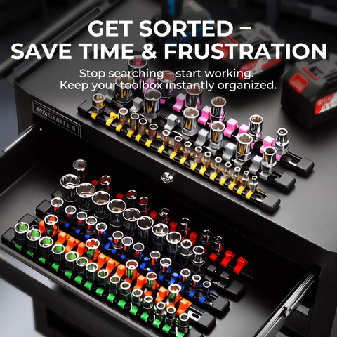 Nine Piece Socket Organizer Set Pro Grade Heavy Duty ABS Rail With End Caps For Easy Clip Adjustment Fits Most Brands Includes One Quarter Inch Forty Eight Clips Three Eighths Inch Forty Five Clips One Half Inch Thirty Six Clips Great For Tool Box shown in a toolbox.
