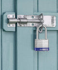 Three Pack One And A Half Inch Shackle Heavy Duty Padlocks With 40mm Hardened Steel Bodies Keyed Alike With Six Keys 22 Layer Hardened Steel Laminate And Eight Rivets Corrosion Resistant And Smash Proof For Sheds Gates Fences Toolboxes Outdoor Indoor Use installed on shed latch