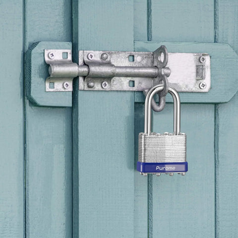 Three Pack One And A Half Inch Shackle Heavy Duty Padlocks With 40mm Hardened Steel Bodies Keyed Alike With Six Keys 22 Layer Hardened Steel Laminate And Eight Rivets Corrosion Resistant And Smash Proof For Sheds Gates Fences Toolboxes Outdoor Indoor Use installed on shed latch