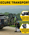 Heavy Duty 4 Bike Hitch Rack For 2 Inch Receiver carrying mountain bikes with secure ratcheting straps and rubber holders