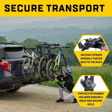 Heavy Duty 4 Bike Hitch Rack For 2 Inch Receiver carrying mountain bikes with secure ratcheting straps and rubber holders