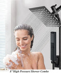 Woman enjoying an 8 Inch Matte Black Rain Shower Head With Hose 2 In 1 High Pressure Shower System Anti Leak Holder Dual Rain Shower Head With Handheld Spray Easy Clean Silicone Nozzles Spa Quality Shower Upgrade