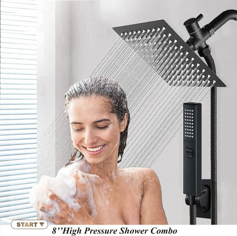 Woman enjoying an 8 Inch Matte Black Rain Shower Head With Hose 2 In 1 High Pressure Shower System Anti Leak Holder Dual Rain Shower Head With Handheld Spray Easy Clean Silicone Nozzles Spa Quality Shower Upgrade