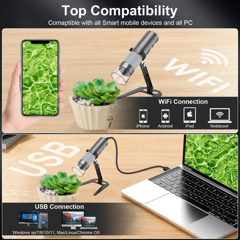 4K Wireless Digital Microscope With WiFi Camera, Hands Free Metal Stand, Live View Zoom In, High Detail Magnifier For iPhone Android And PC, All In One Tool For DIY Projects, Jewelry, Electronics, Education And Lab Work. WiFi and USB setup