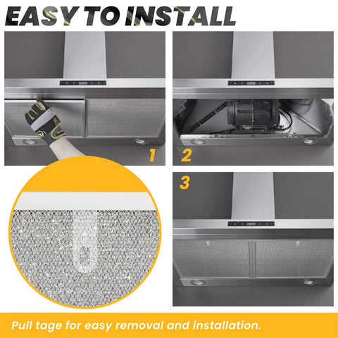 Aluminum Range Hood Filter For 36 Inch Broan Nutone Hoods Mesh Grease Replacement 11 3/4 In By 17 1/4 In By 3/8 In S99010300E Compatible 2 Pack No Fuss Fit Easy Install Durable High Flow, showing easy installation with pull tab detail.