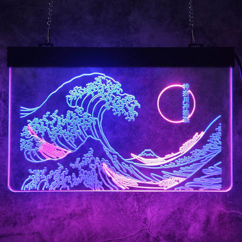 Great Wave Off Kanagawa LED Neon Sign Blue Pink Wall Art Dope Ukiyoe Inspired Neon Light For Living Room Bedroom 12x16 Inches Modern Room Decor Vibe Now