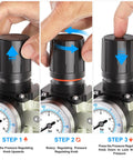 Steps to adjust regulator on Beefy Heavy Duty 0 to 240 PSI Three Quarter Inch NPT Air Drying System with three-stage filtration.