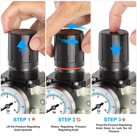 Steps to adjust regulator on Beefy Heavy Duty 0 to 240 PSI Three Quarter Inch NPT Air Drying System with three-stage filtration.