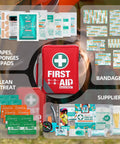Red General Medi compact first aid kit bag with reflective design and 175-piece contents.