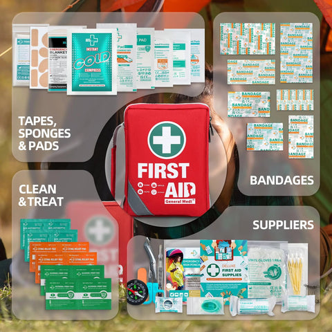 Red General Medi compact first aid kit bag with reflective design and 175-piece contents.