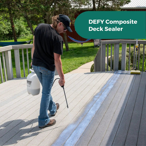 Person applying Extreme Composite Deck Sealer Crystal Clear Waterproof Sealant For Wood And Composite Surfaces on deck.