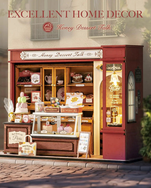 Vintage French Dessert Shop Miniature Dollhouse Kit With LED Light One 18 Scale Wooden Diorama Model For Adults