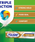 Triple action Extra Care Denture Adhesive Cream With Strong All Day Hold Food Seal And Comfort Clinically Proven Flavor Free Zinc Free 2.2 Oz Pack Of 4 Four Tubes Included packaging.