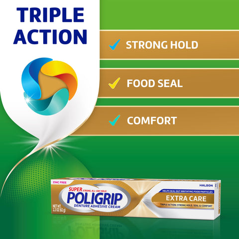 Triple action Extra Care Denture Adhesive Cream With Strong All Day Hold Food Seal And Comfort Clinically Proven Flavor Free Zinc Free 2.2 Oz Pack Of 4 Four Tubes Included packaging.