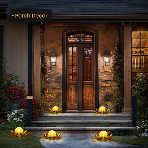 Gold Petal Lotus Flower Solar Light With Crackle Glass Globe Lit Amber Glow Outdoor Lanterns by front door