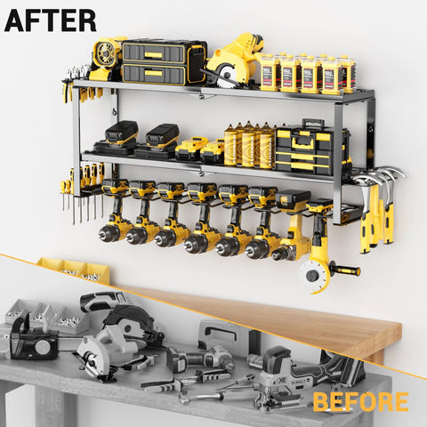 Wall-mounted heavy duty tool organizer with 3-tier extra tall metal shelf, 8 drill holders, battery storage in garage.