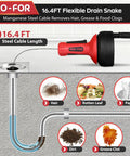 Workhorse Manual Or Drill Powered Drain Snake With Sixteen Point Four Foot Manganese Steel Cable for hair and food clogs in pipes.