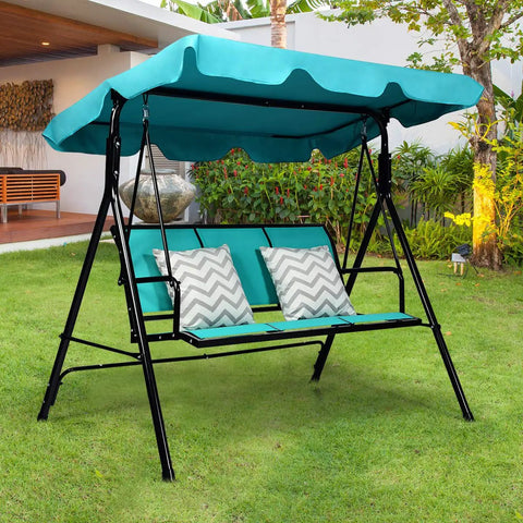 Three Seat Patio Swing With Steel Frame And Adjustable Canopy, All Weather Resistant Rocking Bench in garden with turquoise finish
