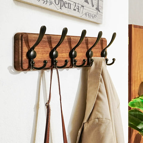 Wall Mounted Coat Rack With Five Tri Hooks, Heavy Duty Wooden Coat Hanger For Clothes Hats And Jackets, Rustic Burnt Wood Finish In Natural And Black, Sturdy Pine Board