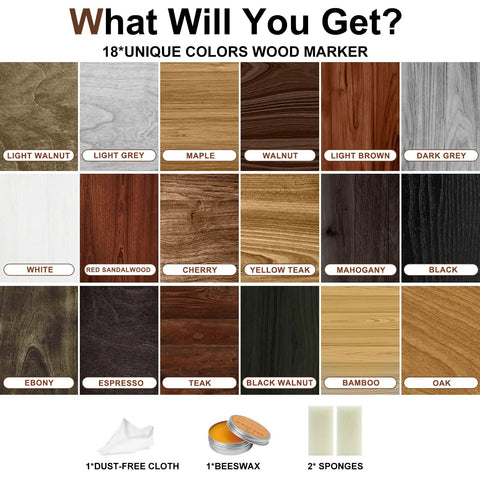 Dope Wood Scratch Repair Kit With 18 Sweet Colors And Beeswax showing 18 unique wood colors and materials for touch up.