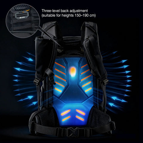 35L Camera Backpack For Photographers And Videographers, Built Tough Rugged Outdoor Gear Bag For DSLR, Mirrorless, Drone, And Fifteen Point Six Inch Laptop shows three-level back adjustment system with airflow design for comfort.