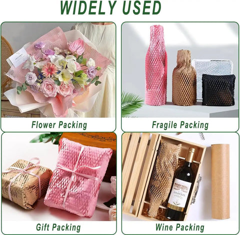 Green Eco Friendly Honeycomb Packing Paper Cushioning Wrap 12 Inch By 200 Ft Kraft Paper Biodegradable And Recyclable For Moving And Gift Wrapping With 20 Fragile Labels shown used for flower, fragile, gift, and wine packing.