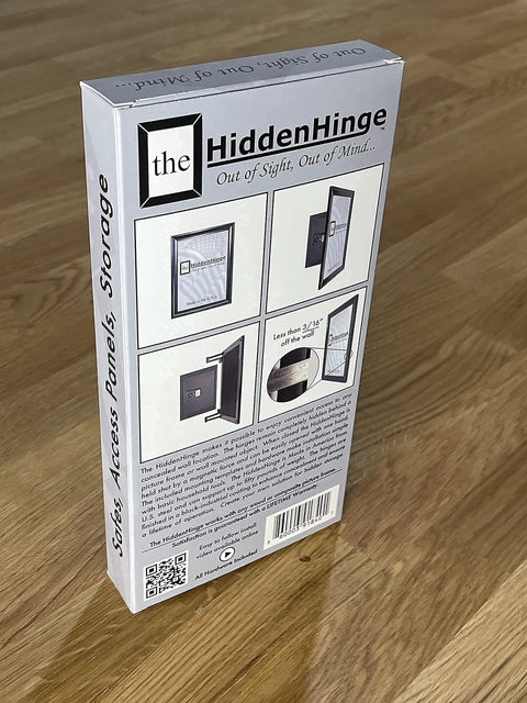Hella Easy Invisible Picture Frame Hinges For Wall Safes And In Wall Stash Spots Patented box packaging displaying installation images.