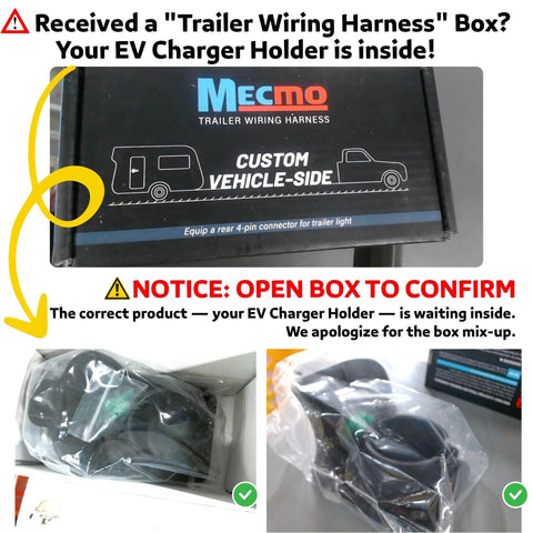 Image showing 'Trailer Wiring Harness' box with notice explaining EV Charger Holder Wall Mount For SAE J1772 Cables enclosed.