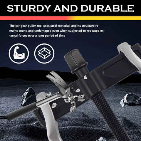 Built Tough Dual Purpose 2 Jaw Car Bearing Puller with hammer testing durability, sturdy steel structure shown