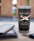 Christmas Glider Pilot Ugly Sweater Thermals Set With Soaring Stainless Steel Insulated Tumbler For Aviation Buffs Flight Instructors And Christmas Cheer showing festive glider design on desk.
