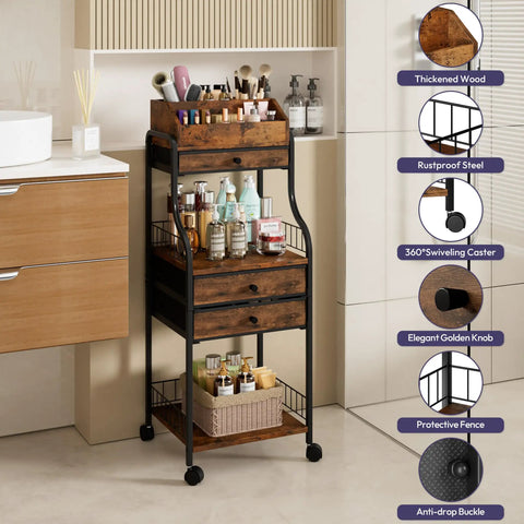 Rolling Makeup Organizer Cart with Wheels for Floor Skincare Storage with Non Woven Drawers and Vanity Organizer Cabinet