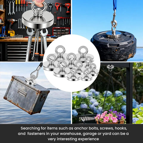 Ultra Strong Neodymium Fishing Magnet 1200 Lbs Pulling Power Three Point Nine Four Inch Diameter With Countersunk Hole Eyebolt, various uses
