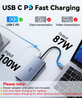 8 In 1 USB C Docking Station With Dual 4K HDMI And 4K DisplayPort Plus VGA, 3 USB 2.0 Ports, 100W PD Power Delivery shown charging laptop
