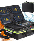 Go-To Fireproof Document Bag With Lock And Reflective Strip, open showing passport slots and documents, waterproof demonstration