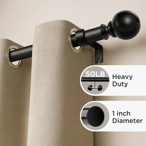 Heavy Duty Adjustable Curtain Rod Set 32 To 120 Inches 1 Inch Diameter Black Finish for Bedroom Sliding Doors and Patio